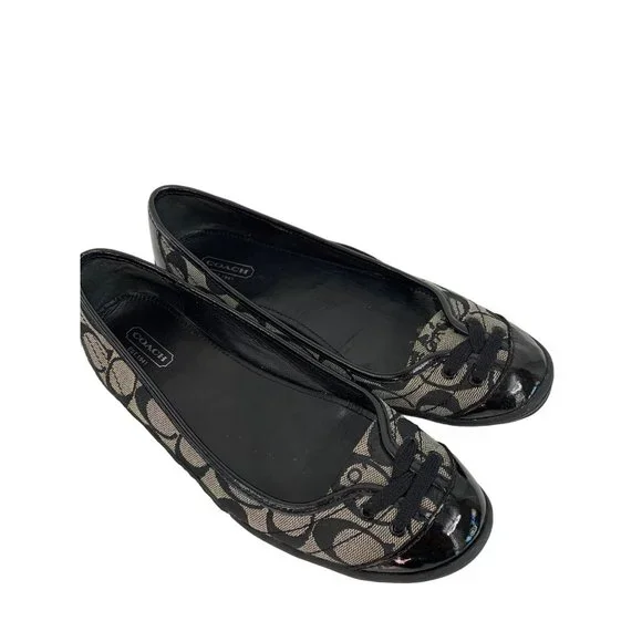 Womens 7.5 Coach Dannie Ballet Flats Shoes Monogram Patent Leather Black 6539 - Picture 3 of 16